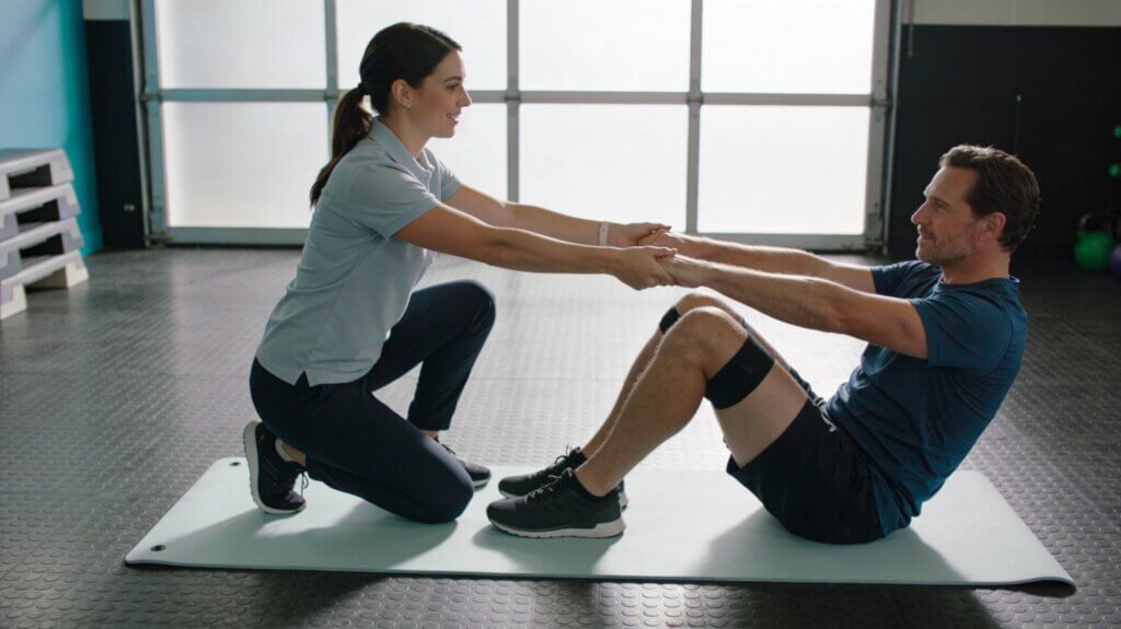 Sanfte Physiotherapie‑Bewegungstherapie im ländlichen Horstedt, Trainingsmatte und Stabilitätskissen, neutral sportlich‑gekleidete Therapeutin mit Patient.