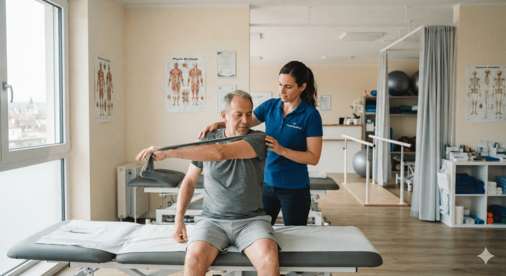 Eine Physiotherapeutin in einer Praxis in Breisach hilft einem älteren Patienten bei einer Schulter-Rehabilitationsübung mit einem grauen Widerstandsband.